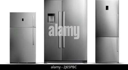 Set of realistic silver fridges of various size isolated on white background vector illustration Stock Vector