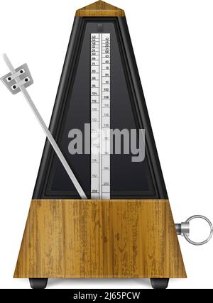 Mechanical wooden swinging metronome in retro style isolated on white background realistic vector illustration Stock Vector