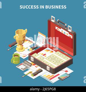 Business strategy isometric 3d composition success in business description and suitcase with dollar bills and personal stuff vector illustration Stock Vector