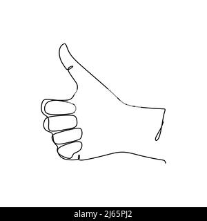 A thumbs-up gesture indicating approval continues single line drawing. Sign and symbol of hand gestures. Single continuous line drawing. Stock Vector