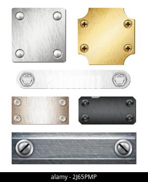 Set of realistic metal plates of various shape and color with fasteners isolated vector illustration Stock Vector