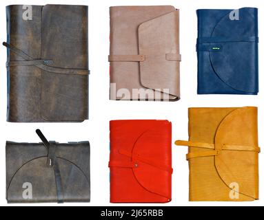 Collection of Colorful Handmade Luxury Leather Notepads isolated on White background Stock Photo