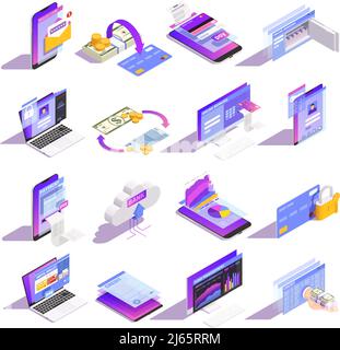 Internet online mobile banking services isometric icons collection with loading money onto card building credit vector illustration Stock Vector