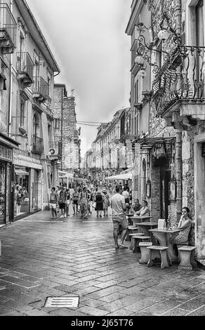 TAORMINA, ITALY - AUGUST 11, 2021: Walking in the picturesque streets of Taormina, Sicily, Italy Stock Photo