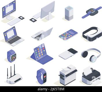 Modern devices isometric icons collection with sixteen isolated images of computers periphereals and various consumer electronics vector illustration Stock Vector