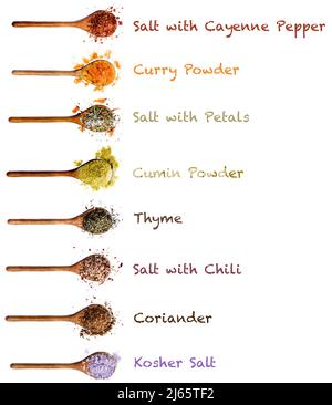 Collection of Various Colorful Spices with Inscription in Wooden Spoons: Dried Paprika, Curry Powder, Salt with Petals, Cumin Powder, Thyme, Salt with Stock Photo