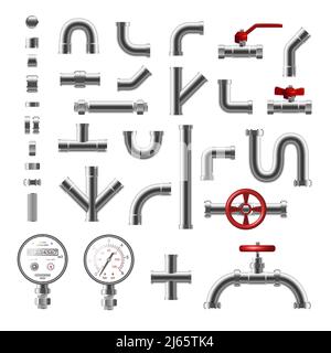 Pipeline parts and steel pipes of different shape realistic set isolated on white background vector illustration Stock Vector
