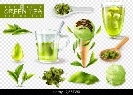 Realistic green tea set with isolated images of cups spoons and natural leaves on transparent background vector illustration Stock Vector