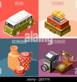 Colorful isometric flea market 2x2 design concept with old tableware car telephone camera suitcases books 3d isolated vector illustration Stock Vector