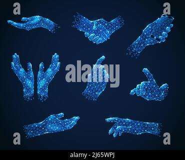 Set of hand gestures in blue polygonal wireframe style luminescent on dark background isolated vector illustration Stock Vector