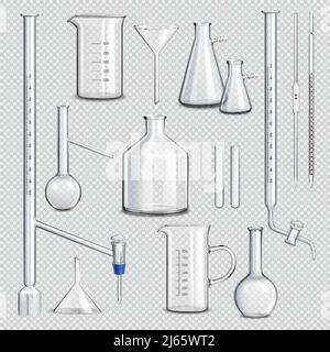 Laboratory glassware transparent set with science symbols realistic isolated vector illustration Stock Vector