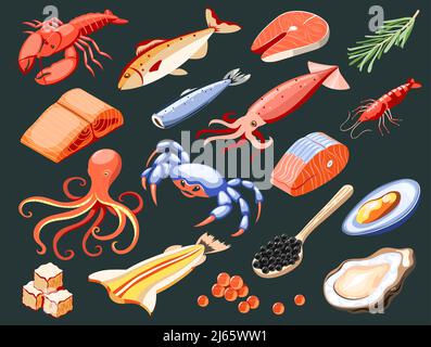 Sea food isolated colored icons with salmon filet calamari caviar mussels crabs oysters shark meat on black background isometric vector illustration Stock Vector