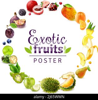 Exotic fruits including durian, lychee, fig, mango, pineapple, round rainbow frame on white background vector illustration Stock Vector