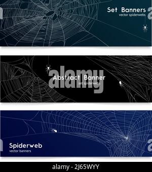 Spider web and cobwebs 3 realistic horizontal banners with black and dark blue background isolated vector illustration Stock Vector