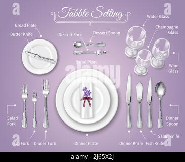 Formal dinner place setting infographics background with flatware on rose tablecloth realistic vector illustration Stock Vector
