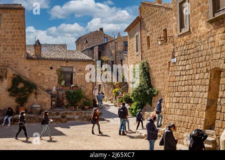 Civita di Bagnoregio, central square of San Donato, the most beautiful villages in Italy. Dying city, Lazio, Bagnoregio, province of Viterbo: April 22 Stock Photo