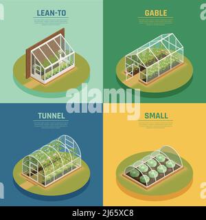 Greenhouses conservatory varieties 4 isometric icons square with glasshouse cable supported greenery arch hothouse isolated vector illustration Stock Vector