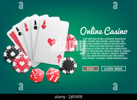 Online casino realistic web page design with cards poker chips dices play and learn more buttons vector illustration Stock Vector