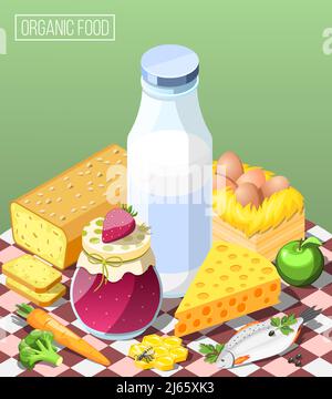 Organic food isometric composition on green background with dairy products, bread, eggs, jam and honey vector illustration Stock Vector