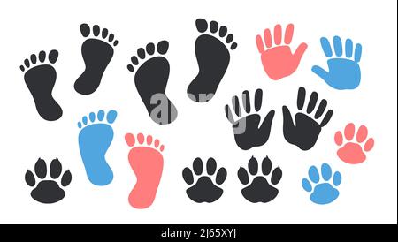 Footprint, handprint black silhouette. Cat and dog paw print symbol, Icon set vector illustration Stock Vector