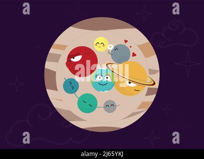 All planet into Jupiter. Solar system planets illustration. Science poster for kids. Cartoon space picture Stock Vector