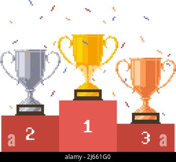 Pixel podium with trophy cups and medals. Vector illustration. Stock Vector
