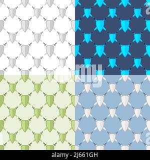 set of seamless patterns with pair of crossed swords against background of knight shield. Ornament for decoration and printing on fabric. Design eleme Stock Vector
