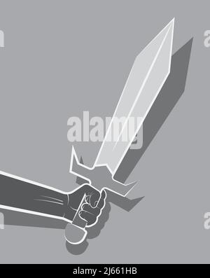 Male hand of strong warrior holds short sword. Cold weapon of medieval knight. Line vector isolated on white background Stock Vector