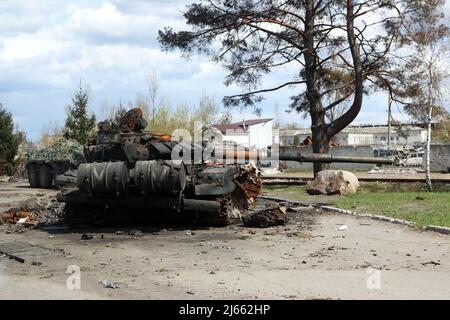 KYIV REGION, UKRAINE - APRIL 27, 2022 - A destroyed Russian military vehicle is pictured on the premises of Antonov Airport, an international cargo ai Stock Photo