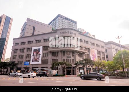 Shinsegae Department Store, April 21, 2022 : The head shop of Shinsegae Department Store in Seoul, South Korea. South Korea's retail giant Shinsegae Group owns department stores and supermarket chain E-Mart. The group operates Starbucks in the country. Credit: Lee Jae-Won/AFLO/Alamy Live News Stock Photo