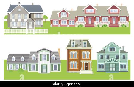 Set of houses and apartment buildings, country houses, wooden houses, family houses, illustration Stock Vector