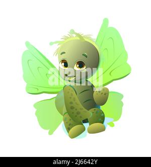 Green Butterfly fun sitting. Cute cartoon character. Funny insect object. Moth fly. Isolated on white background. Vector Stock Vector