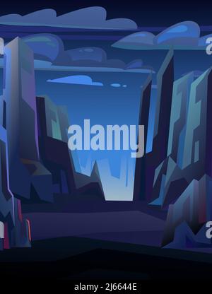 Rocks cliffs landscape. Night scenery in mountains. Path goes away. Dark twilight and dusk. Cartoon flat style. Vector Stock Vector