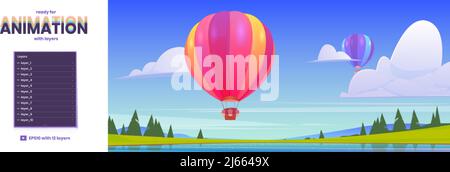 Hot air balloons flying above lake and forest. Vector parallax background ready for 2d animation with cartoon illustration of summer landscape with co Stock Vector