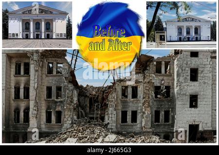 The Mariupol Theater as it was and how it was destroyed by the bombs of the Russian Federation, in the War in Ukraine of 2022- Stock Photo