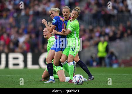 Maria Mapy Leon of FC Barcelona and Svenja Huth of VFL Wolfsburg during the UEFA Womens Champions League, Semi Finals match between FC Barcelona and VFL Wolfsburg played at Camp Nou Stadium on April 22, 2022 in Barcelona, Spain. (Photo by PRESSINPHOTO) Stock Photo