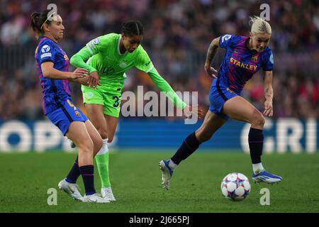 Turid Knaak of VFL Wolfsburg, Mariona Caldentey and Maria Mapy Leon of FC Barcelona during the UEFA Womens Champions League, Semi Finals match between FC Barcelona and VFL Wolfsburg played at Camp Nou Stadium on April 22, 2022 in Barcelona, Spain. (Photo by PRESSINPHOTO) Stock Photo