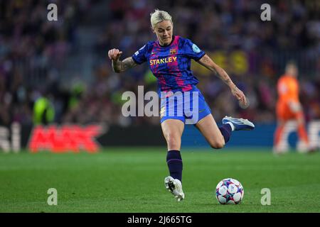 Maria Mapy Leon of FC Barcelona during the UEFA Womens Champions League, Semi Finals match between FC Barcelona and VFL Wolfsburg played at Camp Nou Stadium on April 22, 2022 in Barcelona, Spain. (Photo by PRESSINPHOTO) Stock Photo