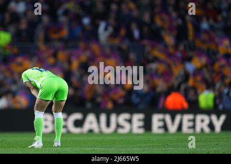 VFL Wolfsburg player at full time during the UEFA Womens Champions League, Semi Finals match between FC Barcelona and VFL Wolfsburg played at Camp Nou Stadium on April 22, 2022 in Barcelona, Spain. (Photo by PRESSINPHOTO) Stock Photo