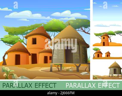 Africa village with parallax effect. Rural houses made of clay and straw. African landscape. Rocky desert and blue sky. Acacia trees. Vector Stock Vector