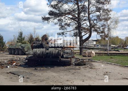 Non Exclusive: KYIV REGION, UKRAINE - APRIL 27, 2022 - A destroyed Russian military vehicle is pictured on the premises of Antonov Airport, an interna Stock Photo