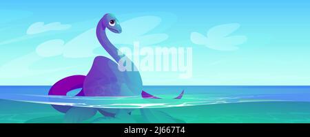 Cute baby dinosaur in water. Sea or ocean landscape with plesiosaurus. Vector cartoon illustration of funny dino character, prehistoric marine animal Stock Vector