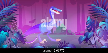 Cute baby velociraptor in jungle at night. Dinosaur character in prehistoric forest. Vector cartoon illustration of dark rainforest landscape with fun Stock Vector