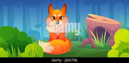 Cute fox and stump with hollow on glade in forest. Wild animal on summer lawn with burrow, green grass and bushes. Vector cartoon illustration of spri Stock Vector