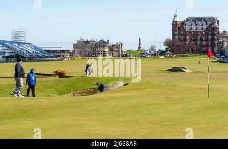A view of the famous 17th Road Hole on the Old Course, at the Royal and Ancient golf club, St Andrews Scotland.