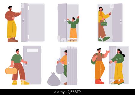 To Come In People and doors. Men, women knock, come in and out, entrance and exits ...