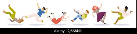 Diverse people fall, fly down. Vector flat illustration of characters tumble after slip or stumble with injury risk. Men and women drop isolated on wh Stock Vector