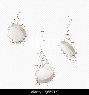 Effervescent soluble pills dissolve in water. Vector realistic mockup of white round fizzy tablets, dissolving medical drugs with bubbles isolated on Stock Vector