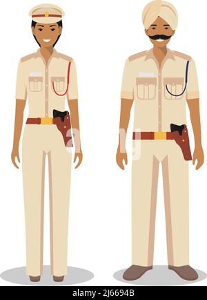 Couple of indian police people isolated on white background. Set of policeman and policewoman standing together. Cute and simple in flat style. Stock Vector