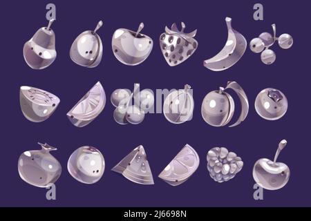 Silver fruit and berries game icons. Food signs of apple, blueberry, plum for gambling slot machine in casino. Vector cartoon set of metal pear, orang Stock Vector